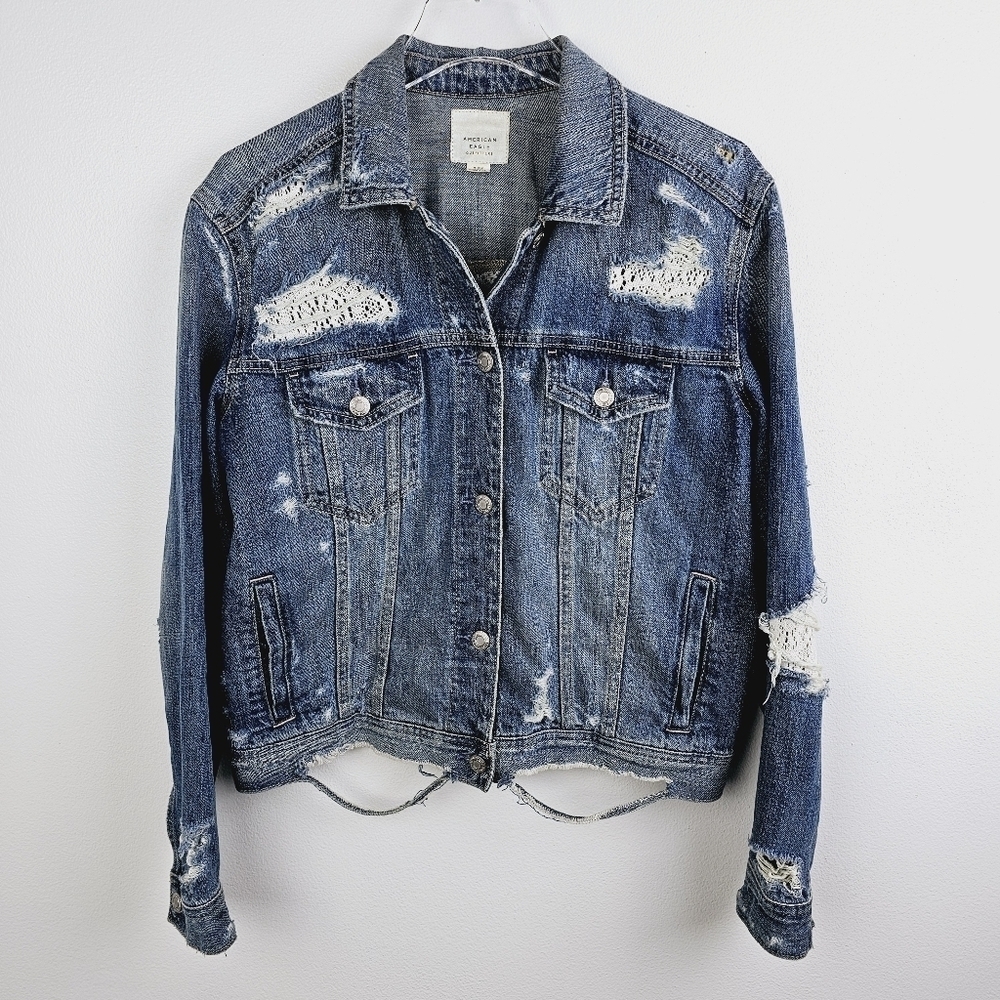 American Eagle Destroyed Distressed Crochet Lace Denim Jean Jacket